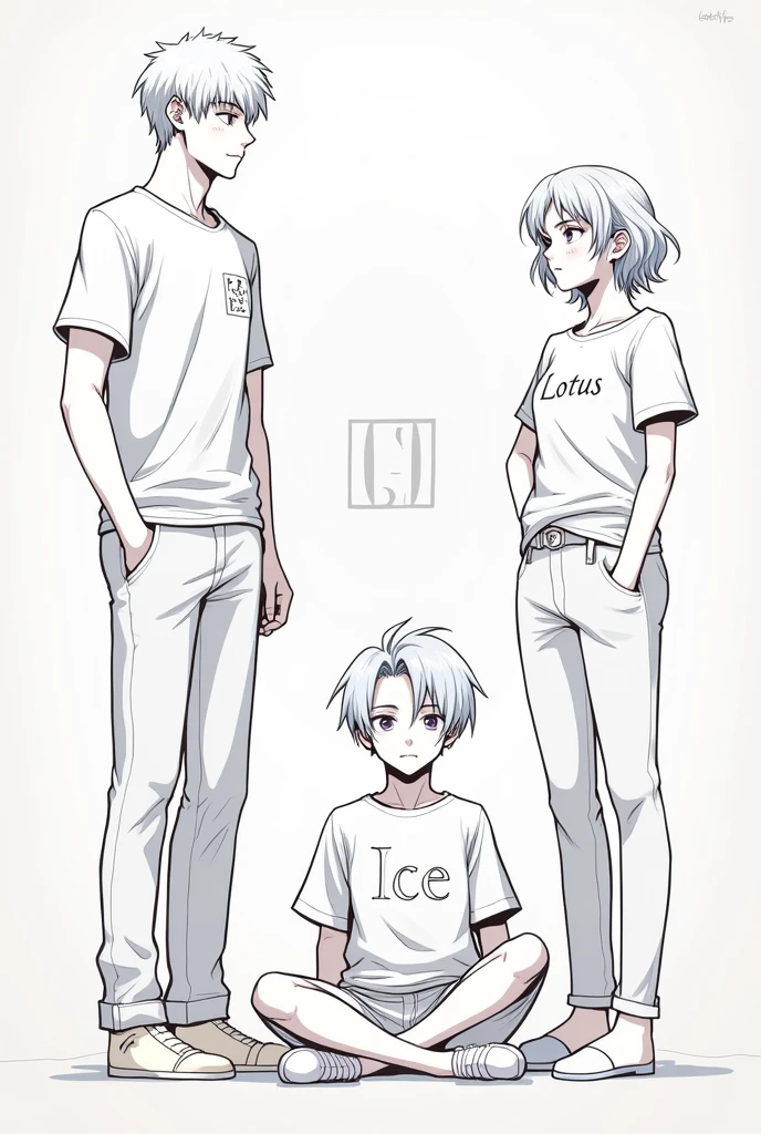 create 3 characters, 1 sitting on the floor and the other 2 looking at him, the one sitting on the floor has a shirt with the name ICE on it and one of the characters looking at him is a white-haired man, handsome and has a shirt with the name moon, the other character is a girl and has a shirt with the name lotus and has a mushroom tattoo, make in anime lines 