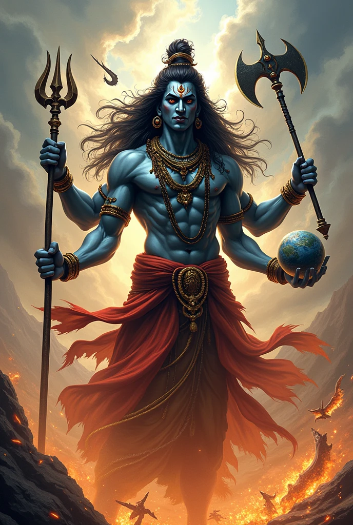 Angry shiv bhagwan with his trishoool with flying moment with cobra, in one hand trishool, second hand damru, third hand earth, fourth hand farsa