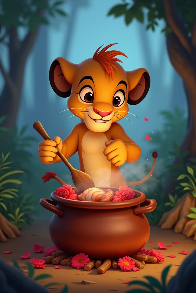 Simba cooking a chicken and rose in a pot