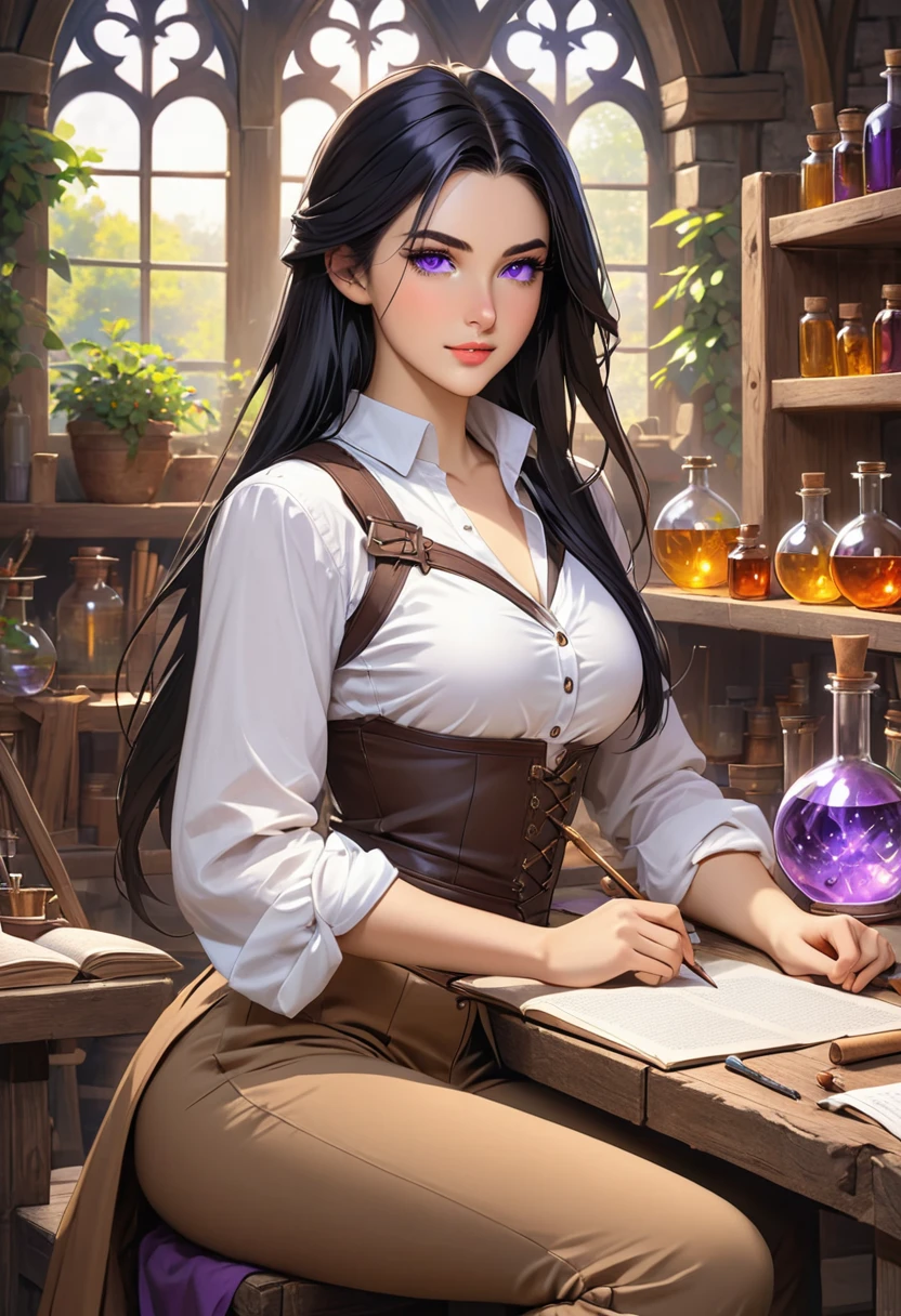 Long Straight black hair, purple eyes, beautiful face, gentle expression, amicable, perfect body, white shirt and brown pants, medieval fantasy, alchemist workshop, sitting at the desk making an experiment, sexy woman, tight shirt, focused, noble, young adult, rpg alchemist