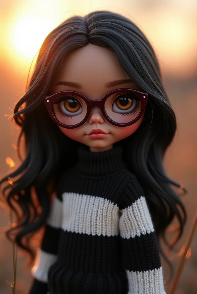 blythe doll , long wavy black hair, with maroon-colored glasses , light brown skin , black and white striped sweater , in the dawn