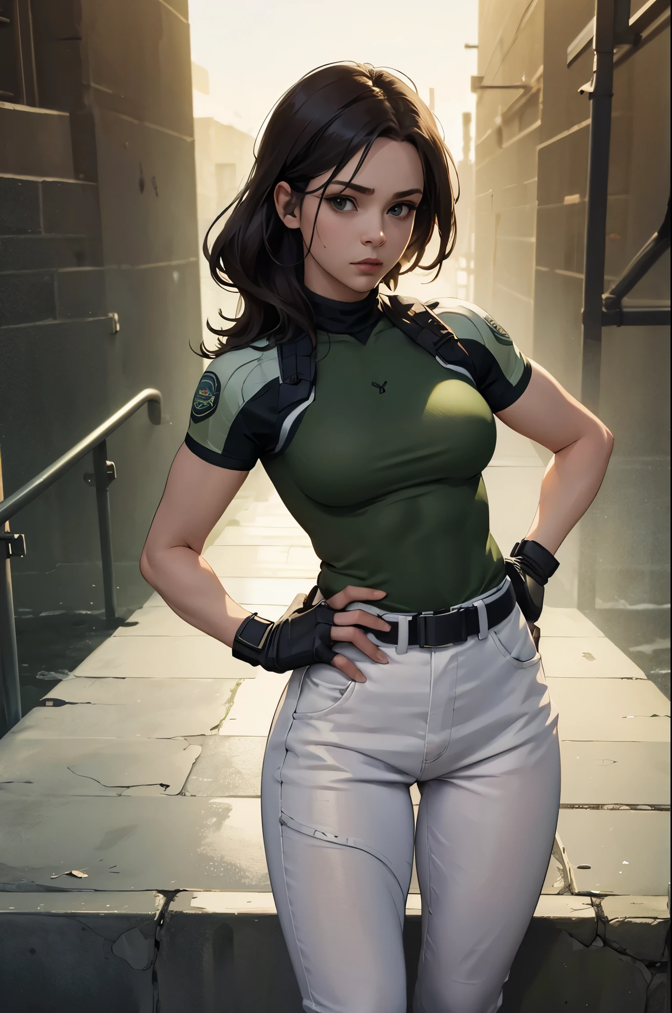 masterpiece, best quality:1.2), expressive eyes, perfect face, highres, 1 girl, solo, (female:1.5), chris redfield, green taut shirt, white pants, fingerless gloves, belt, hands to hip, standing, portrait, looking at the viewer,
