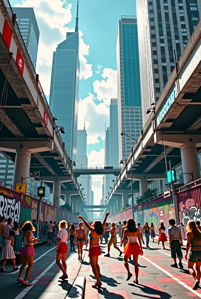In this very metropolis, We see the city with its large buildings and skyscrapers, graffitied bridges and traffic, as well as people dancing in the streets