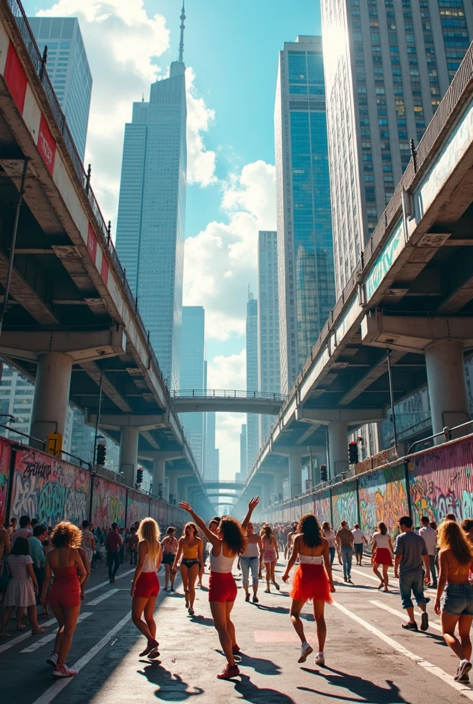 In this very metropolis, We see the city with its large buildings and skyscrapers, graffitied bridges and traffic, as well as people dancing in the streets