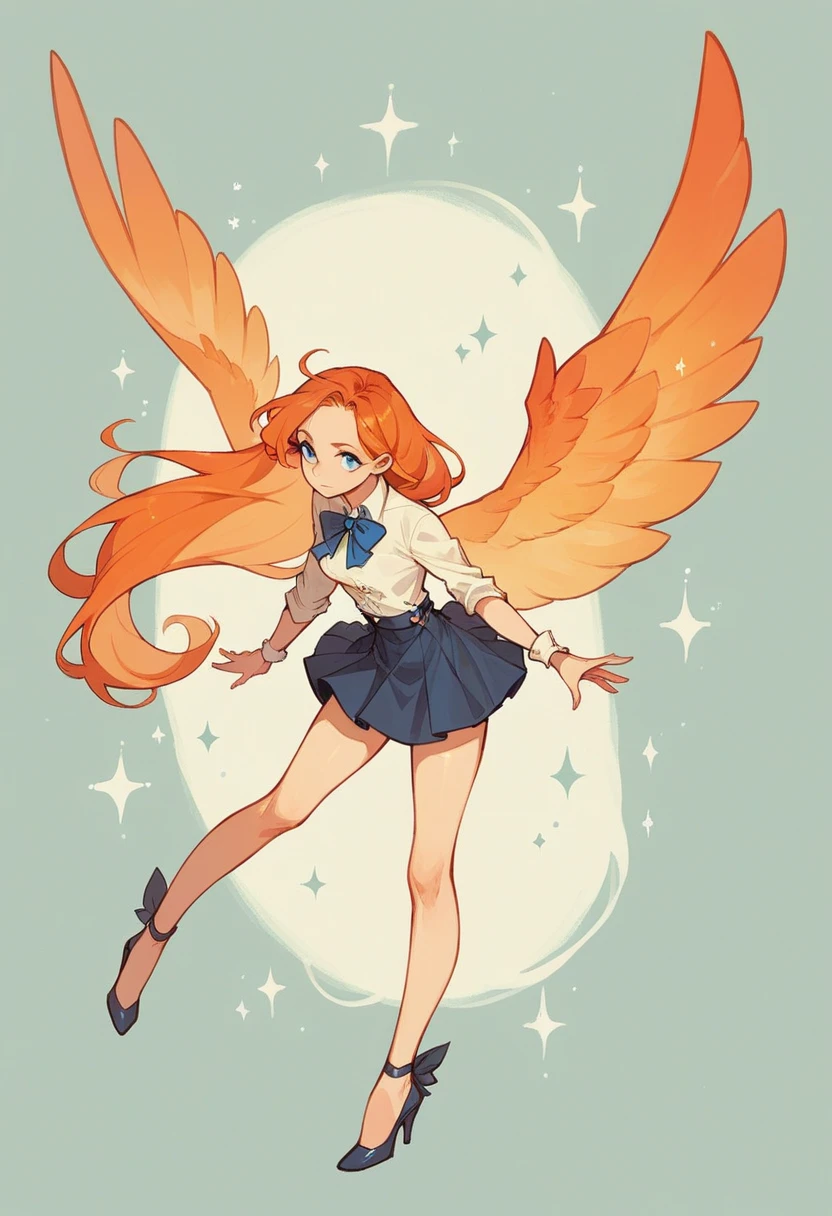 1girl, long hair, solo, blue eyes, wings, orange hair, skirt, high heels,