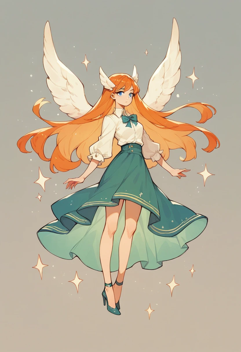  1girl, long hair, solo, blue eyes, wings, orange hair, skirt, high heels,