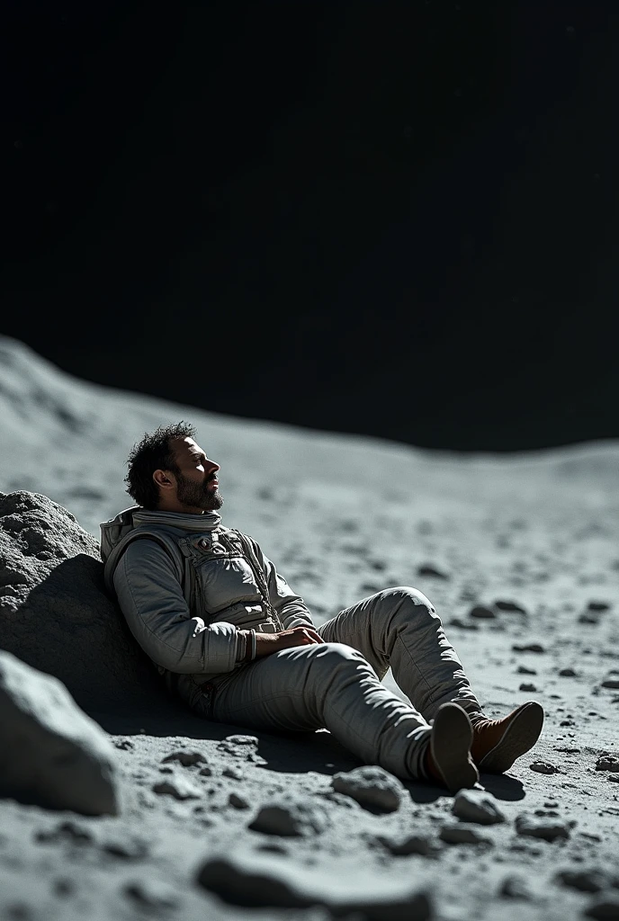 Man resting on moon, high resolution, ultra realistic image. Caption "dark side"