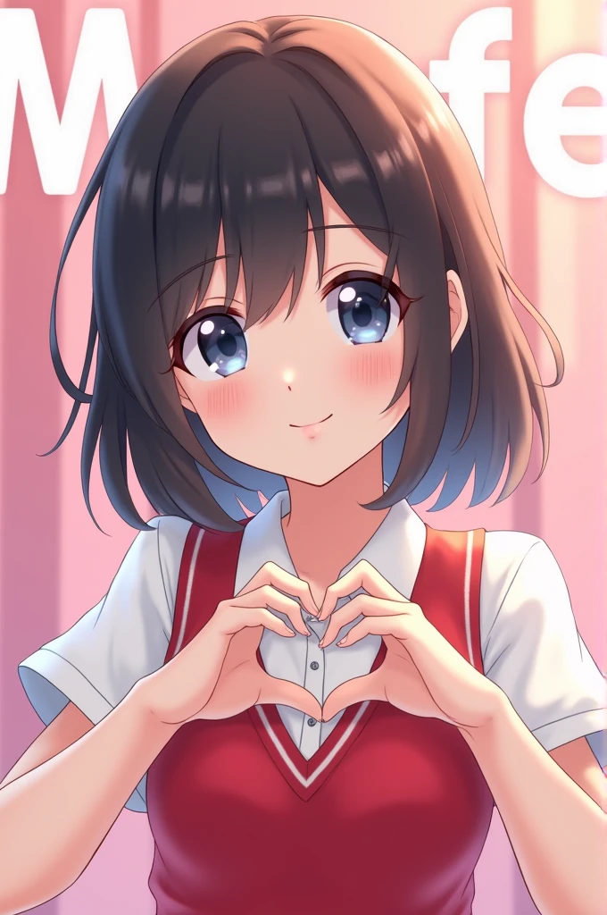An anime-style 3D medium shot of a young, very beautiful girl with dark hair and blue eyes. She is wearing a white shirt and a red vest. The background is a blurred, pink gradient. There is a text "Mafe" in a good style above her head. The girl has a cute look and is making a heart with her fingers like the Koreans. She has a flirtatious, sexy smile that is very sexy and young. The girl seems inclined and tender, like she is flirting.