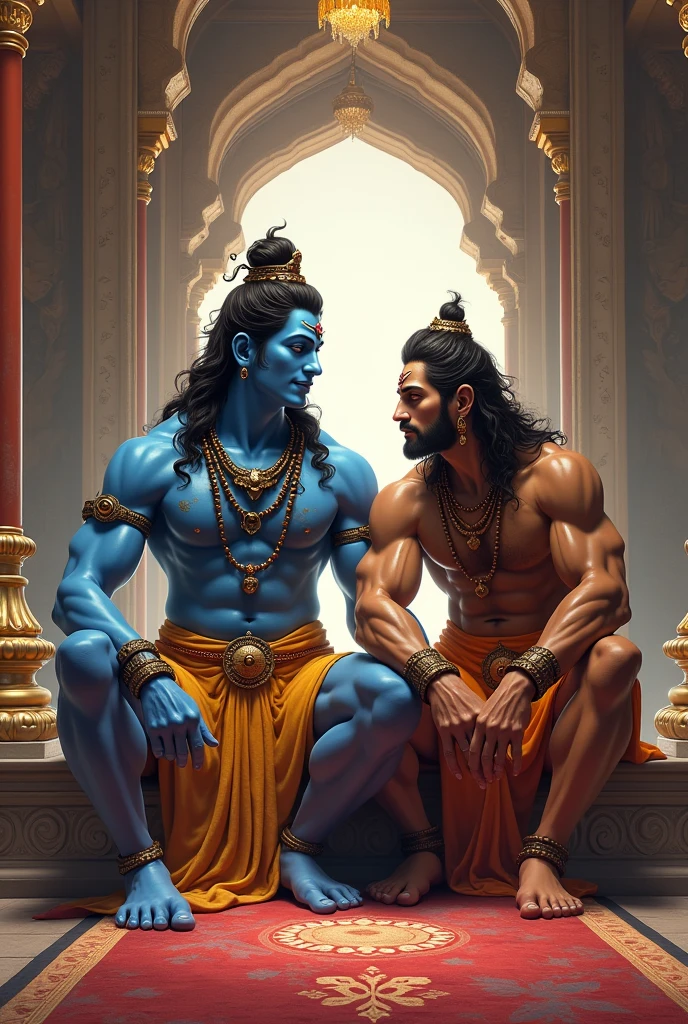 Mahadev and bajrangbali in one frame sitting
 in a temple with a wearing same color of clothing