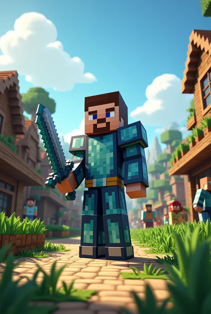 In a minecraft village background Steve in Diamond armour and a sword with villagers . Size should be 16:9