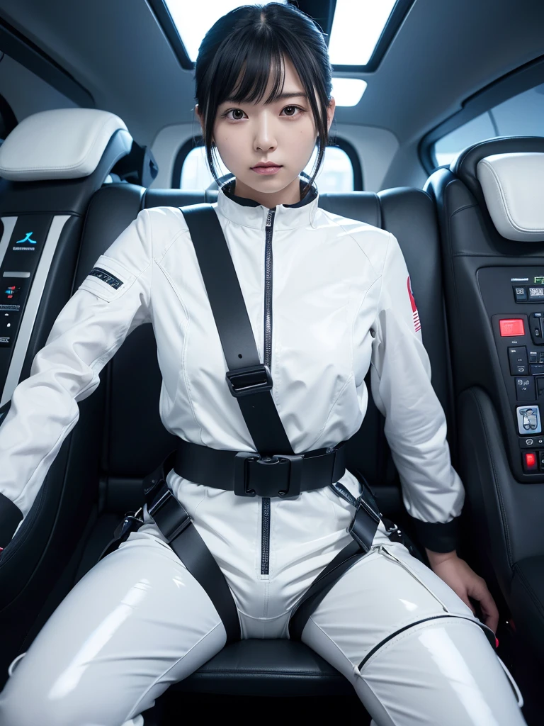 Japanese female android,Black Hair,Space capsule,The person is completely secured in the seat with the backrest reclined by a thick harness belt.,Plump,Spread your legs,Squat,Shiny white robot suit,Surrounded by switches and monitors,