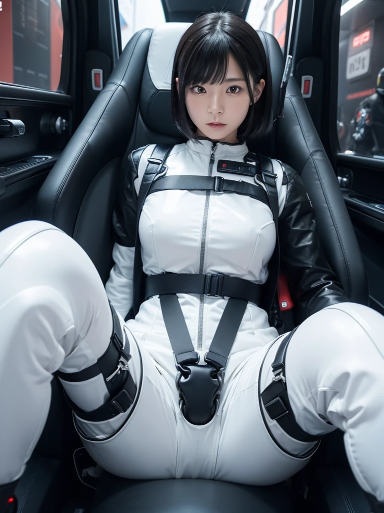 Japanese female android,Black Hair,Space capsule,The person is completely secured in the seat with the backrest reclined by a thick harness belt.,Plump,Spread your legs,Squat,Shiny white robot suit,Surrounded by switches and monitors,