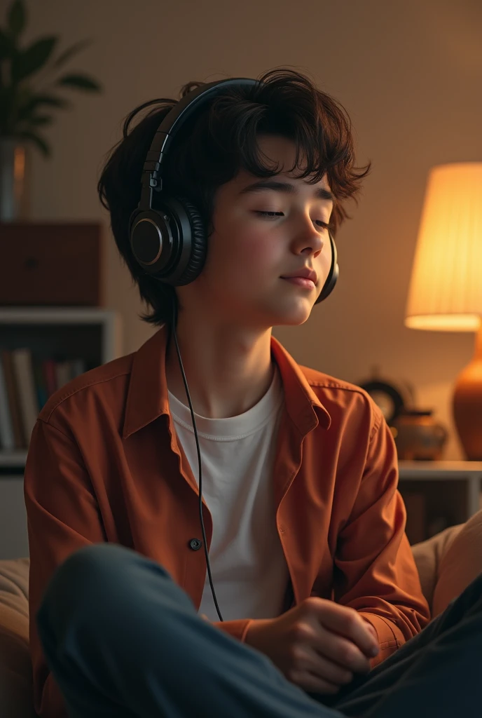 A boy laying on bed,wearing pakistani dress, listning music with handfree