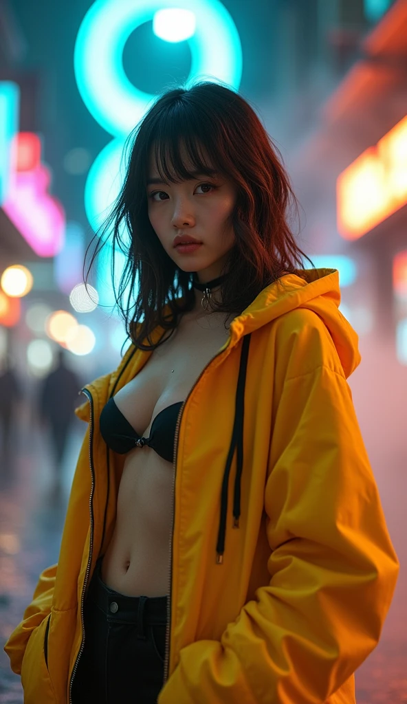 Masterpiece, 4K wallpaper, Masterpiece sci-fi cyberpunk city, fantasy sci-fi, neon glow lights city, ( Subject ( 1girl, A beautiful japanese women with unique hair, wearing an stylist oversized hoodie fashion, yellow, black and white stylist fashion, jumper hoodie and short solid cotton trousers, the hoodie stylist masterpiece.))
( Pose (Relaxed, with dance pose, masterpiece. Medium breast.))
( Setting (ultra realistic, sci-fi theme, A mystic environment, cyberpunk city with neon glow lights and a glow light portal.))
( Face ( detaile skin pores masterpiece, oil skinny, beautiful japanese girl, detail of face.))
( Lighting (Dramatic side lighting with a warm and cool light masterpiece, sunlit glow and light rays, masterpiece object lighting and detail.))
( Style (Hyper-realistic, cinematic, with a focus on detail and texture, octan render 4K quality masterpiece.))
( Technical Specifications (Shot from a medium long shot, below-up perspective, with a Fujifilm XT-3 and Fujinon 50mm lens at f/1.2.))
(((Additional Notes)
 ( Focus on Key Elements (Emphasize the woman, her clothing, and the dramatic city backdrop.))
 ( Visual Effects (Include cinematic grains, falling glow particles, and a blurred background with white smoke.))