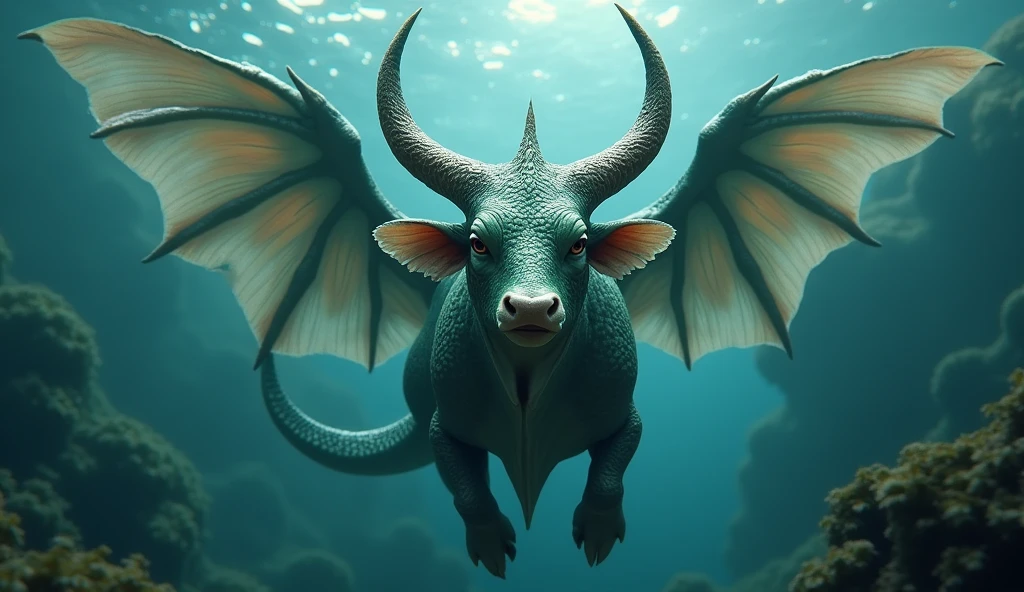 Front view,There is a creature growing underwater,It has the body of a fish, the head of a cow and the tail of a snake.,Wings growing from the ribs(best quality,4K,8k,High level,masterpiece:1.2),Ultra Detailed,(lifelike,Photo real,Photo real:1.37)