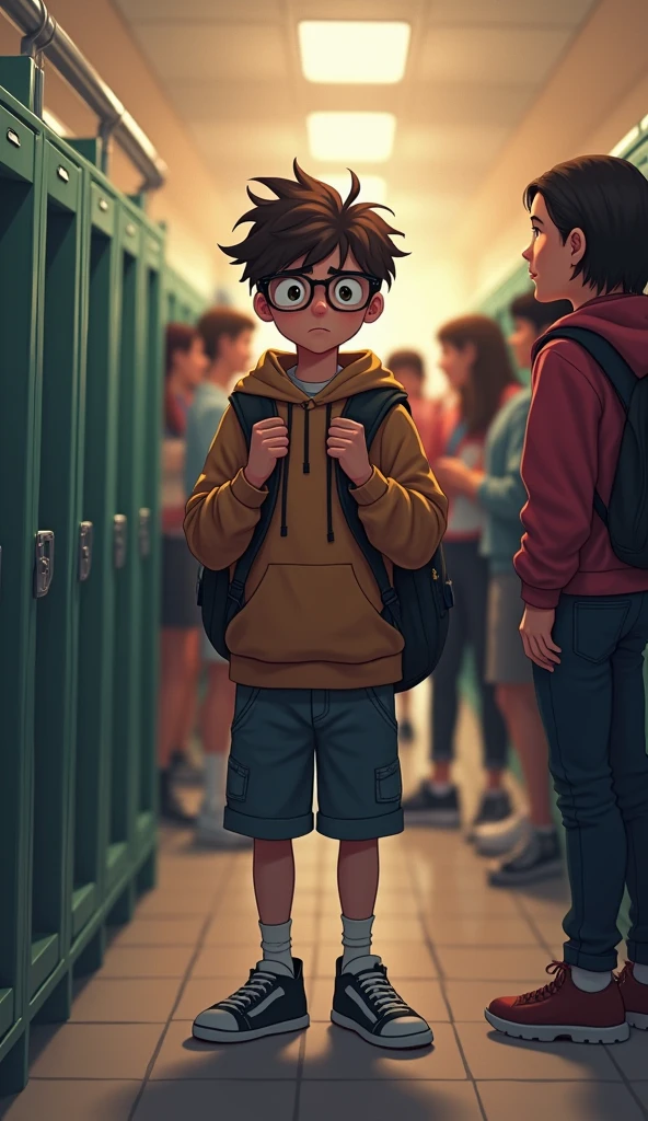 A medium shot of a crowded school hallway. Leo, a with messy brown hair, glasses, and a shy demeanor, stands with his back against the lockers, clutching his backpack straps tightly. Around him, a group of kids are laughing and chatting, while a few glance his way, whispering and giggling. Leo’s eyes dart around nervously, avoiding eye contact, capturing his sense of anxiety and isolation.