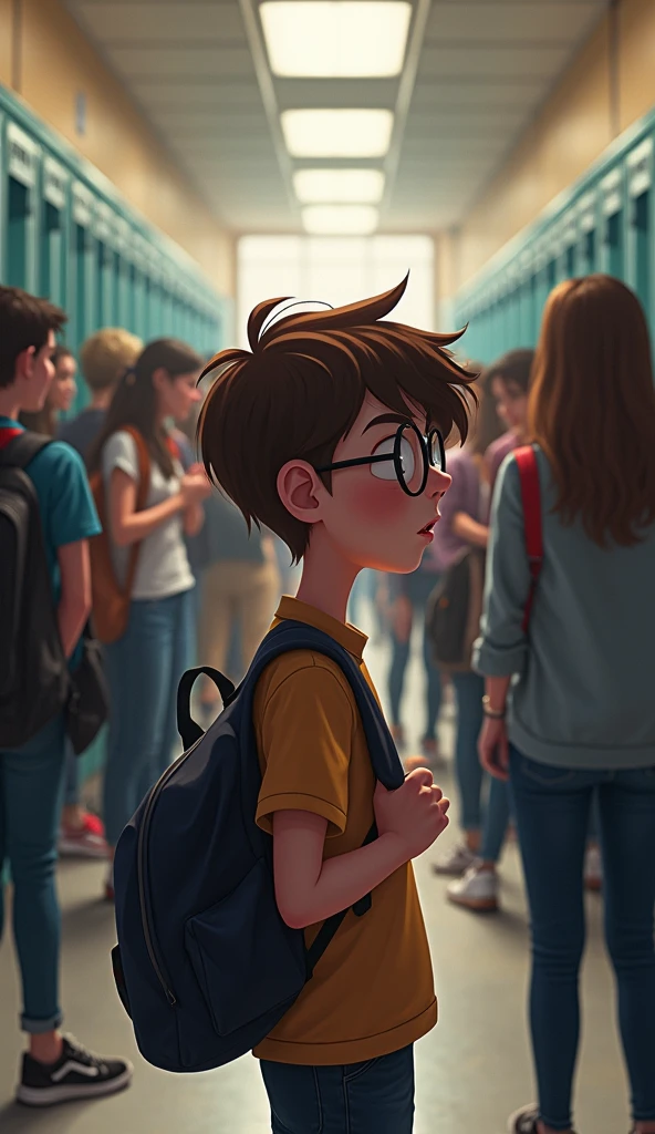 A medium shot of a crowded school hallway. Leo, a with messy brown hair, glasses, and a shy demeanor, stands with his back against the lockers, clutching his backpack straps tightly. Around him, a group of kids are laughing and chatting, while a few glance his way, whispering and giggling. Leo’s eyes dart around nervously, avoiding eye contact, capturing his sense of anxiety and isolation.