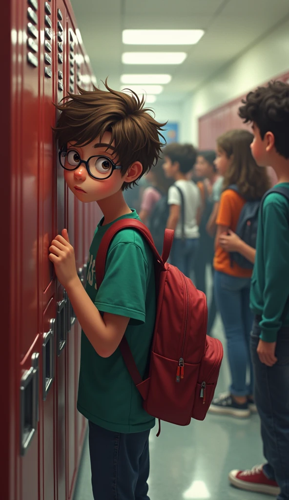 A medium shot of a crowded school hallway. Leo, a  with messy brown hair, glasses, and a shy demeanor, stands with his back against the lockers, clutching his backpack straps tightly. Around him, a group of kids are laughing and chatting, while a few glance his way, whispering and giggling. Leo’s eyes dart around nervously, avoiding eye contact, capturing his sense of anxiety and isolation.