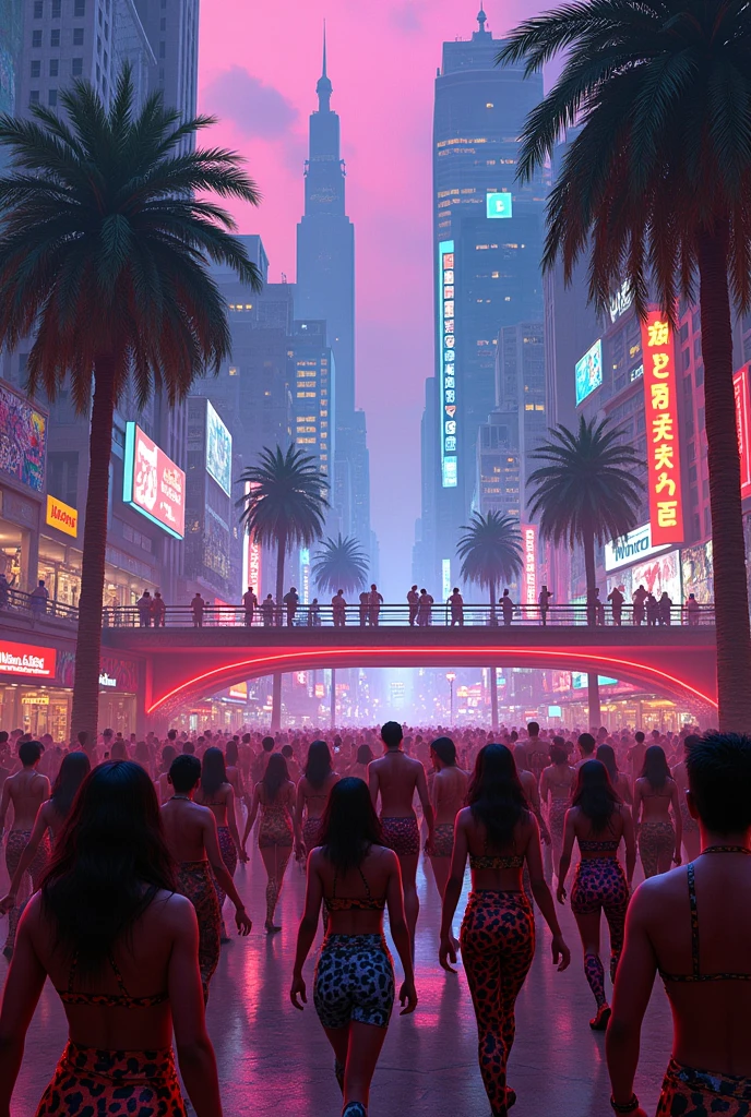In this same metropolis with neon colors and palm trees, We see the city with its large buildings and skyscrapers, graffitied bridges and traffic, as well as people dancing in extravagant clothing and animal prints in the streets
