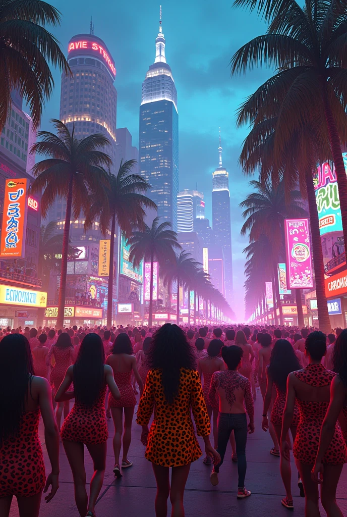 In this same metropolis with neon colors and palm trees, We see the city with its large buildings and skyscrapers, graffitied bridges and traffic, as well as people dancing in extravagant clothing and animal prints in the streets