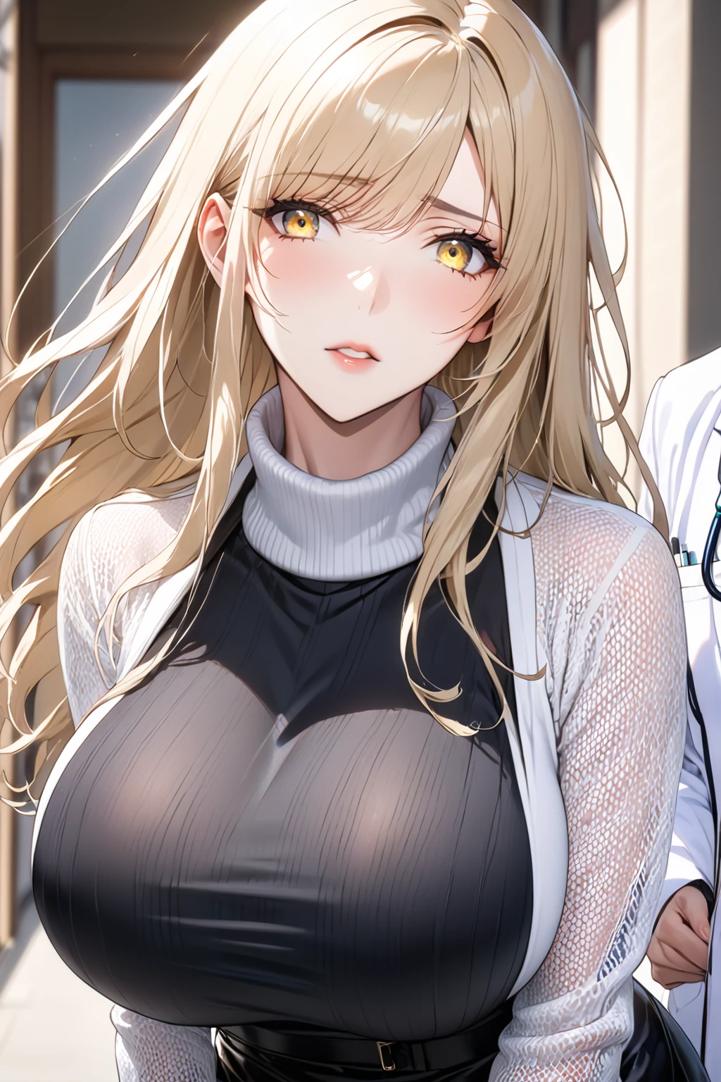 (be familiar with, masterpiece, highest quality, complex),

(((big breasts))), 
1 girl, alone, (milf:1.3), (Doctor in white)

Straight gold hair、Long hair、Narrow, sharp eyes、Thin jaw、Turtleneck 　See-through　sweater、White、Public Health Physician、Female doctor、Shiny black stockingini skirt