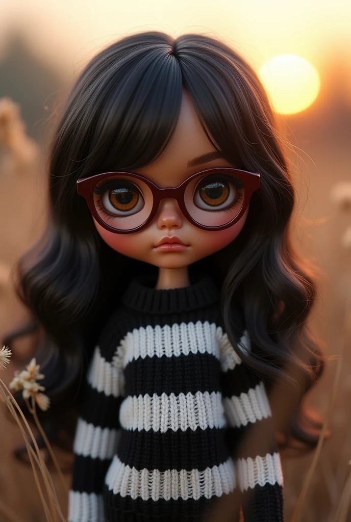 blythe doll , long wavy black hair, with maroon-colored glasses , light brown skin , black and white striped sweater , in the dawn