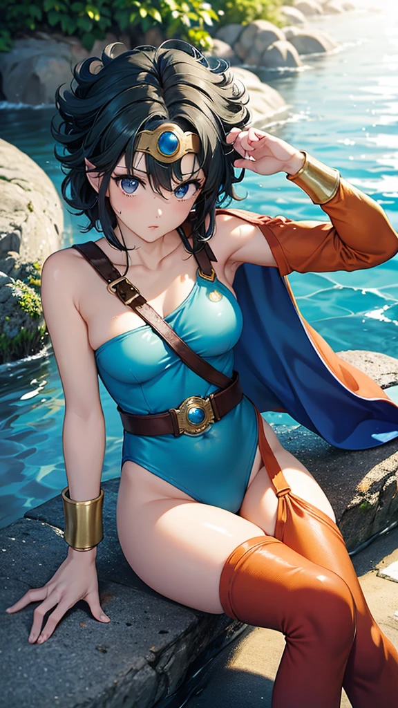 （（（ＳＦＷ、sound、Highest quality、Top notch work、Normal body、、Detailed face、Ultra-precision、Normal hand、Normal refer、５refer、Highest）））、beautiful girl、Black Hair、yamato nadeshiko、Small breasts、Shortcuts、Blue leotard、Shoulder Off、Red Cape、Circlet、Dragon Quest、Playing in the water at the beach