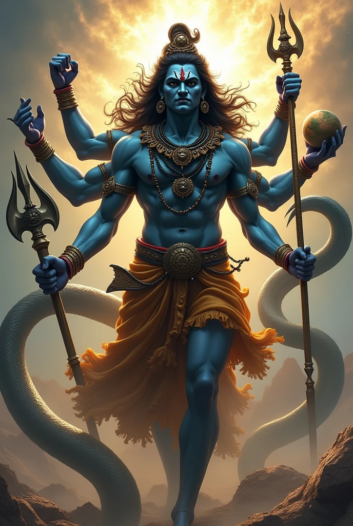 Angry shiv bhagwan with his trishoool with flying moment with cobra, in one hand trishool, in second hand damru, in third hand earth, in fourth hand farsa