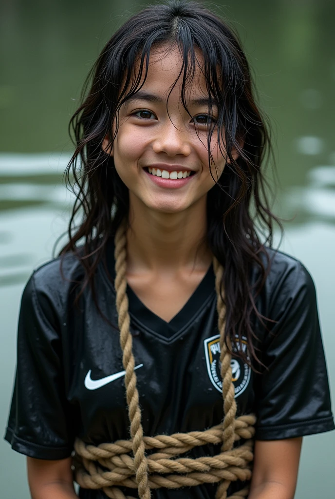 The girl wearing a black football shirt was soaked in water but she was tied to her chest but smiled sweetly with rope

