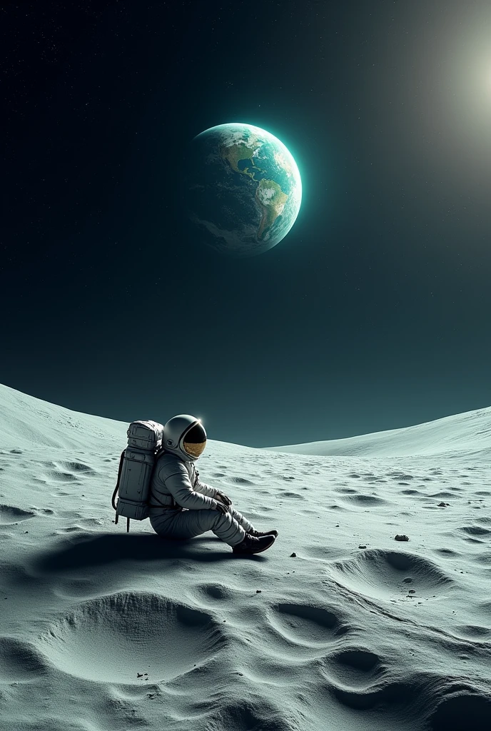 Man resting on moon, high resolution, ultra realistic image. Caption "dark side"
Sun and earth both visible from moon