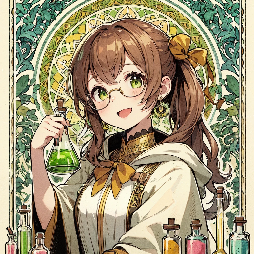 absurdres, best quality, fine detailed, 8k, 1girl, Brown hair, green eyes, ponytail, white gothic fantasy robe, yellow ribbon, smile, ribbon hair ornament, glasses, earrings, hood, yellow collar, beaker, flask, laboratory equipment, Mucha style frame background, arabesque pattern, plants