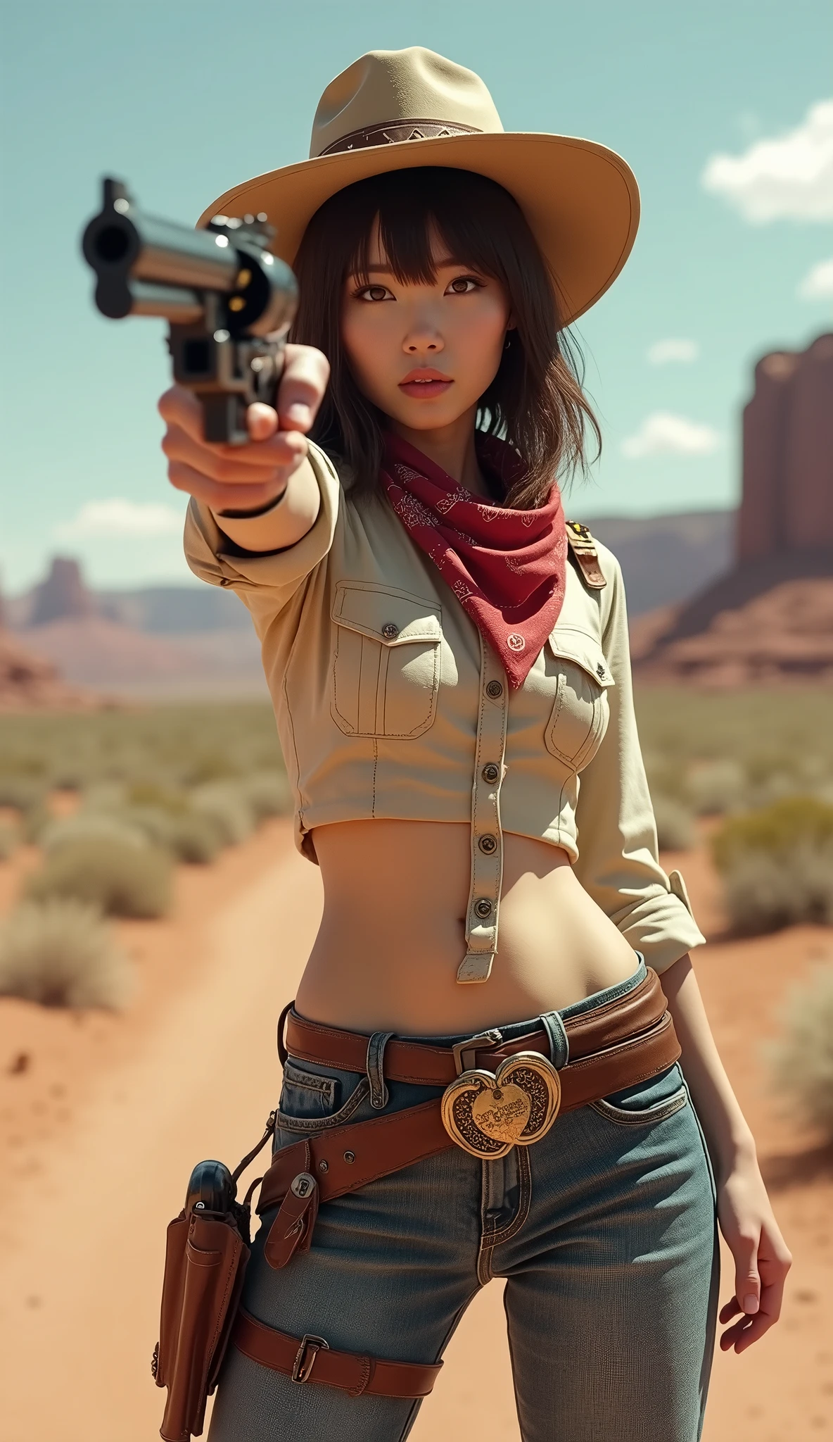Revolver, hand gun with holster, Revolver, Her has a gun, Full-body ,standing pose, Western style, America, Cowboy Dressed , Cowboy style Wear, cowboy-hat, (Billy the Kid clothes) ,looking viewer, ((Japanese girl )), ,(middle hair, brown hair, fringe),(middle breasts, slender whist, middle hip, public hair), (masterpiece, highest quality, Very detailed, Ultra-high resolution, (photopractical:1.4), Original photo, (practical:0.2) , Colorado desert in the United States、noon