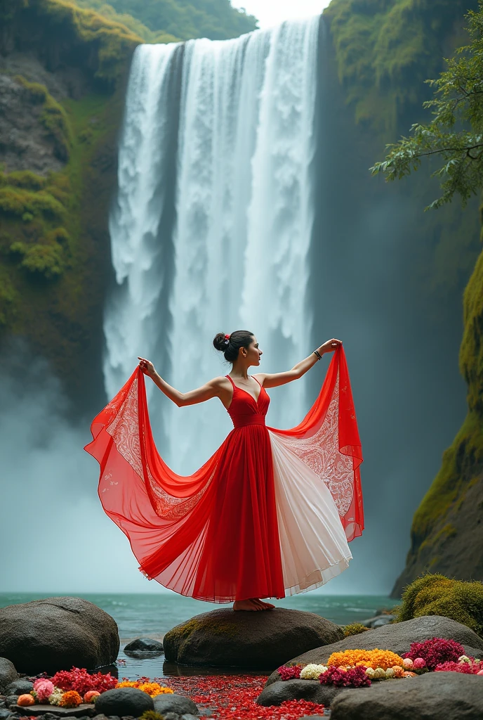 Photoshot of a beautiful  wearing a red and white dress and wearing a long cloth on her shoulders.  Dancing on a big rock under a very beautiful waterfall.   While holding a long and beautiful cloth, he is sowing flowers and holding beautiful flowers.