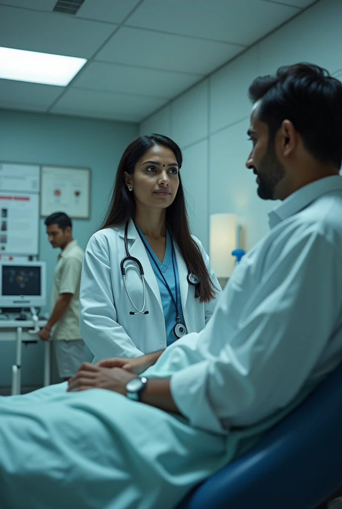 A Indian lady doctor treating। Patients in a hospital , with fear , a male patient seeing her with wrong intention,