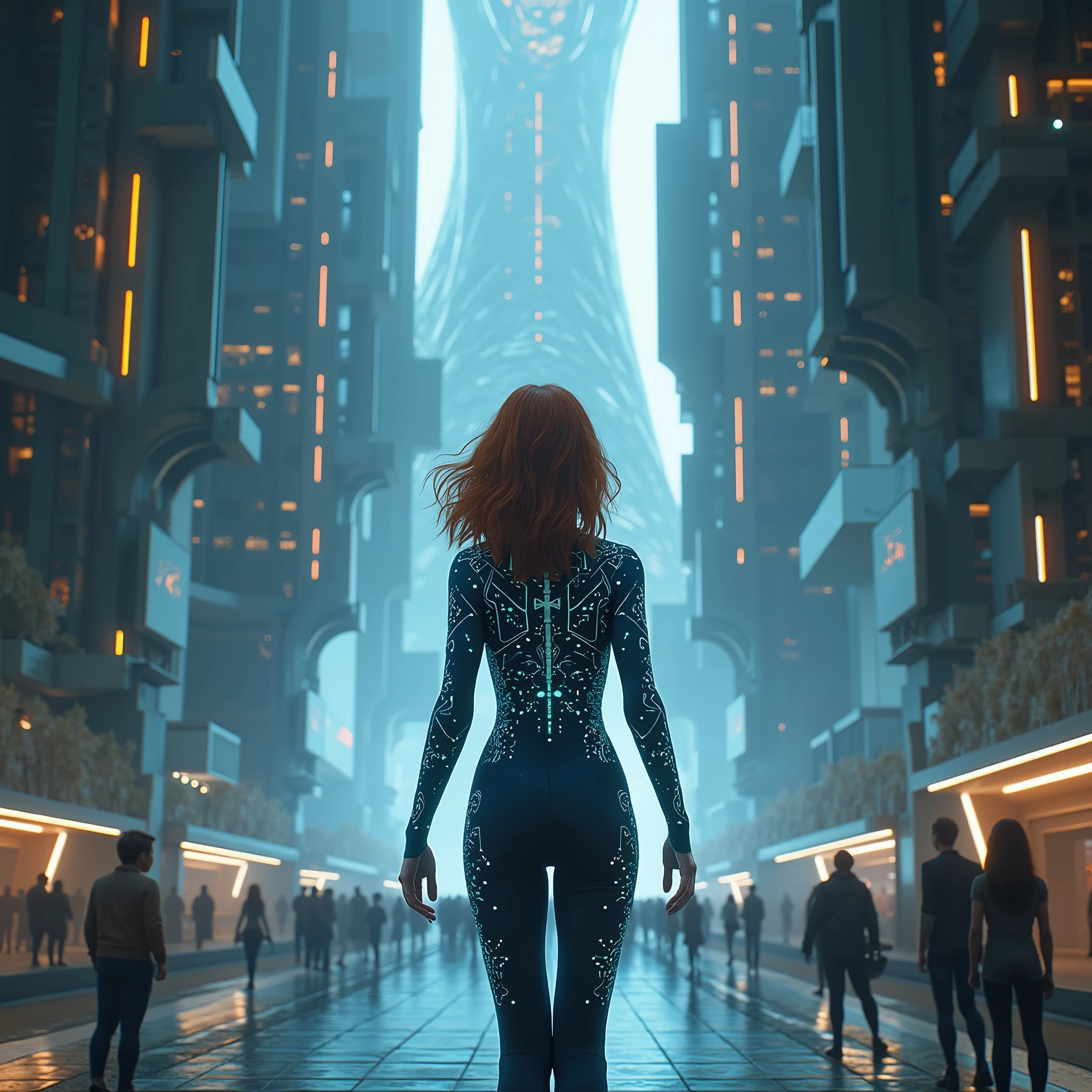 Visualize Emma as she approaches the core of the virtual city, where reality’s boundaries blur even further. Emma is depicted as a resilient young woman with shoulder-length, wavy auburn hair and vivid blue eyes, wearing a sleek, dark suit embedded with technology that glows with intricate patterns responding to environmental stimuli. Her expression mixes resolve and awe, reflecting her deepening engagement with the simulation.
In this pivotal scene, Emma stands at the threshold of a grand structure, the nexus of the city. This architectural marvel intertwines metallic frameworks with organic designs, symbolizing the fusion of technology and nature. It pulses with life, its surfaces shimmering with data streams, representing the simulation’s lifeblood.
Emma interacts with a sophisticated control panel, her actions synchronized with the building’s pulsating rhythms. As she inputs commands, the structure dynamically alters, revealing new pathways and previously concealed dimensions. This interaction signifies her growing mastery over the simulation’s parameters.
The atmosphere is charged with anticipation and tension, as revelations within the core are poised to unveil the true nature of her reality. The design emphasizes a seamless blend of futuristic and natural elements, deepening the narrative’s exploration of existential themes and mirroring Emma’s internal and external journeys.
Ensure Emma’s portrayal remains consistent, highlighting her evolution and the depth of her engagement with the virtual world. The visuals should reinforce the themes of identity and discovery, creating a cohesive narrative that aligns with Emma’s transformative journey. Maintain consistency in Emma’s appearance, emphasizing her blend of determination and curiosity. The image should be epic and immersive, with an emphasis on hyper-realistic details and the complexity of technological elements.