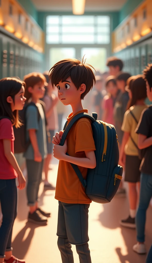A medium shot of a crowded school hallway. Leo, a with straight brown hair, and a shy demeanor, stands with his back against the lockers, clutching his backpack straps tightly. Around him, a group of kids are laughing and chatting, while a few glance his way, whispering and giggling. Leo’s eyes dart around nervously, avoiding eye contact, capturing his sense of anxiety and isolation.ultra animated and 3d