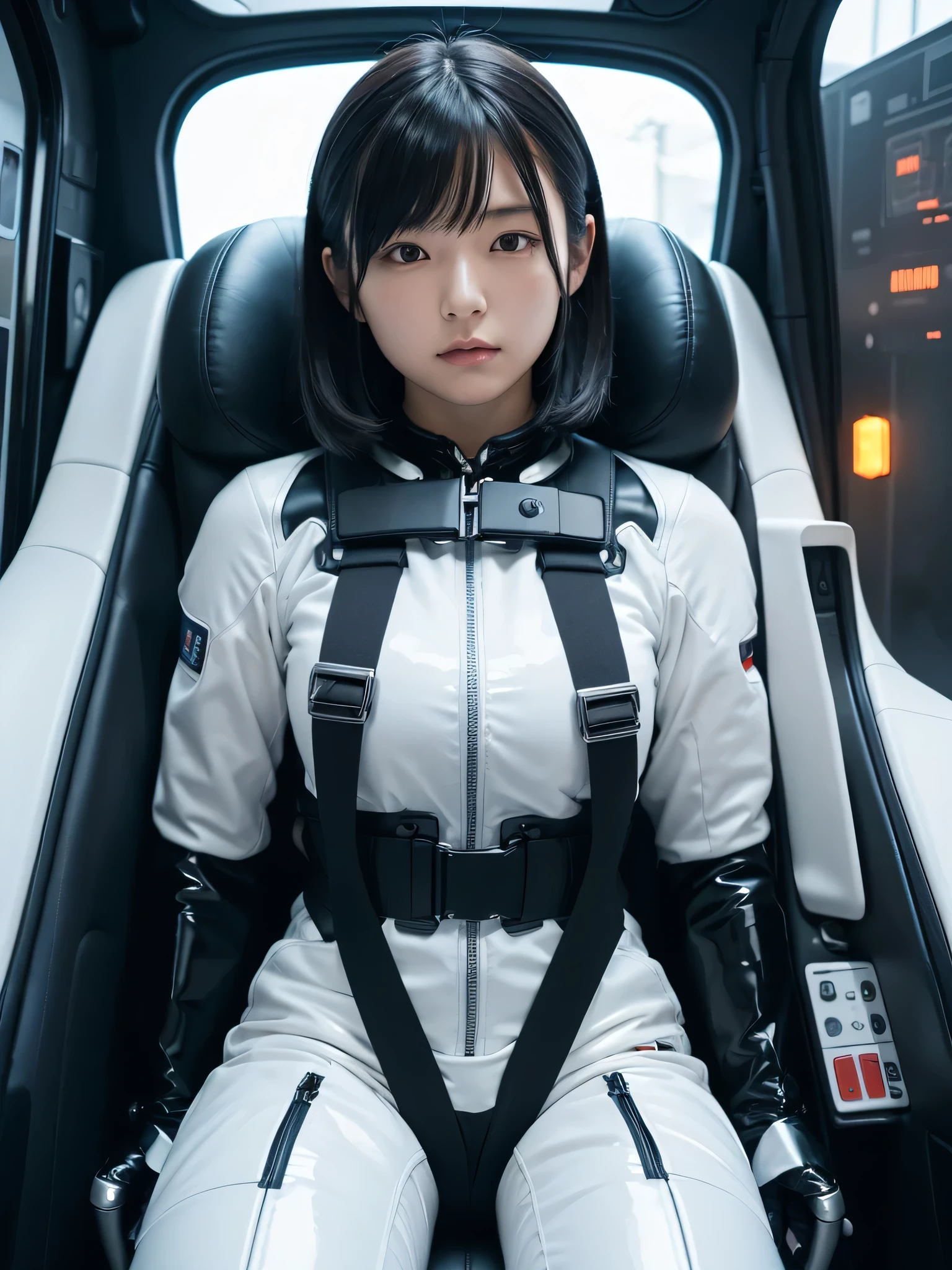 Japanese female android,Black Hair,Space capsule,The person is completely secured in the seat with the backrest reclined by a thick harness belt.,Plump,Spread your legs,Squat,Shiny white robot suit,Surrounded by switches and monitors,