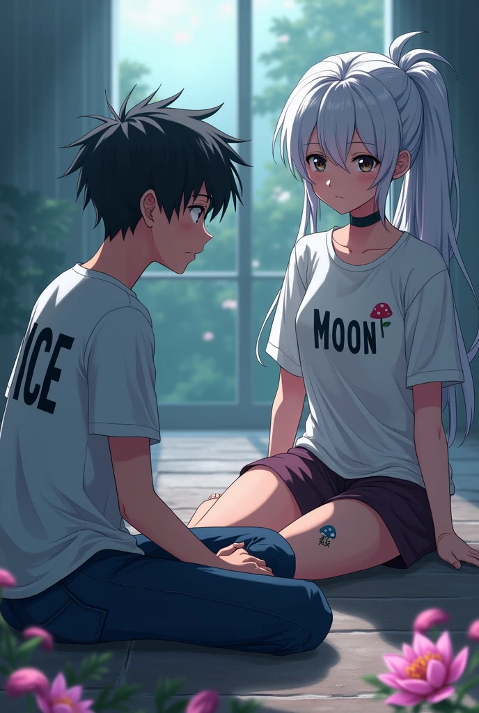 create 3 characters, 1 sitting on the floor and the other 2 looking at him, the one sitting on the floor has a shirt with the name ICE on it, one of the characters looking at him is a white-haired man, handsome and has a shirt with the name moon, the other character is a girl and has a shirt with the name lotus and has a mushroom tattoo, make in anime lines 