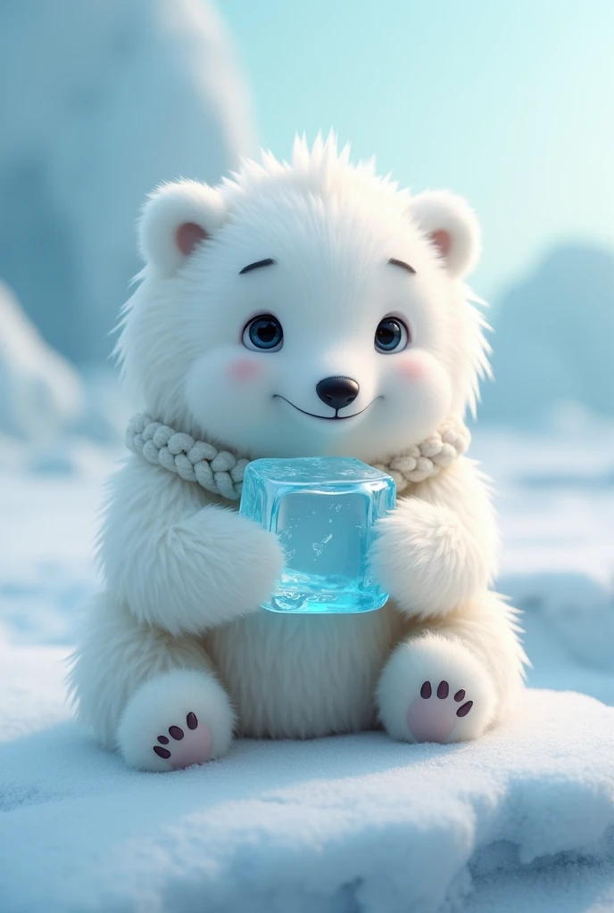 White bear, Beautiful fair skin, white fur, The body is white, Long, densely braided hair, At the North Pole, ultra realistic, realism, cute, charming, Daytime, Clean body, Medium height, Big eyes,Until fluffy, Ambient lighting, perfect anatomy, body and face in detail, Sitting holding an ice cube