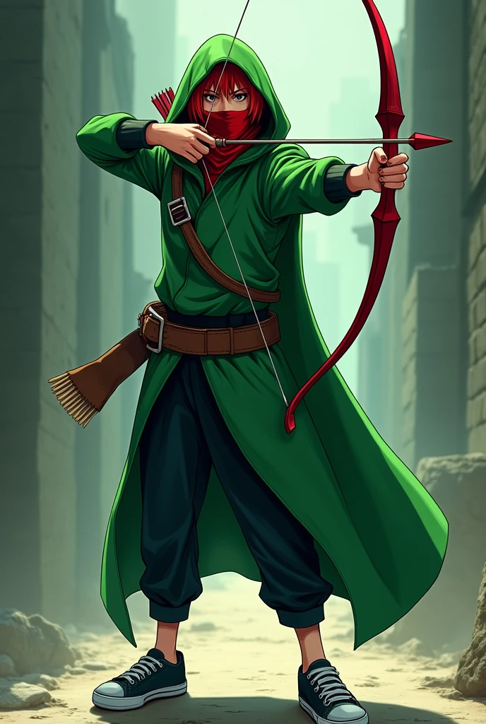  a green archer with a green hood red bow and arrow and red hair black pants and sneakers and a red mask on his mouth in anime style