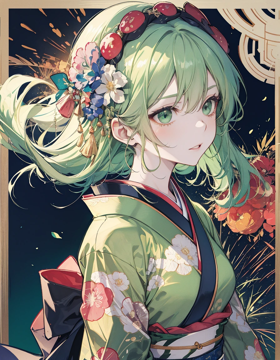 A woman wearing a kimono,Ultra-precision,4K,official,color々Hair style,light green hair color,color々Expression,color々A pose,color々Angle,dynamic,Draw the whole body,Wearing zori shoes,Mucha-style decorative frame,Fireworks Background,Candy apples