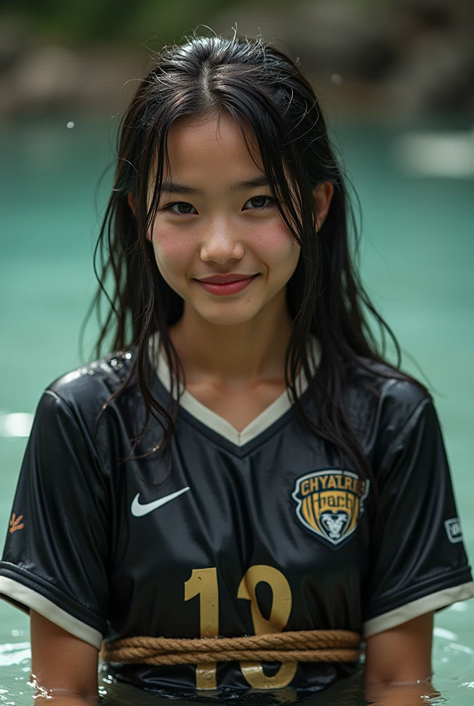 The girl wearing a black football shirt was soaked in water but she was tied to her chest but smiled sweetly with rope
