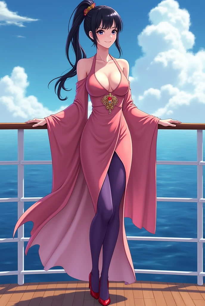 1 girl, (masterpiece), best quality, expressive eyes, perfect face, Chichi, black eyes, black hair in Japanese style ponytail with two long bangs, busty, pink reddish split Japanese dress open cleavage, purple full tights, red high heels, on cruise ship, standing smiling, full picture 