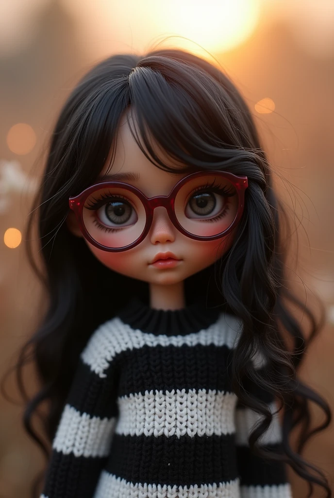 blythe doll , long wavy black hair, with maroon-colored glasses , light brown skin , black and white striped sweater , in the dawn