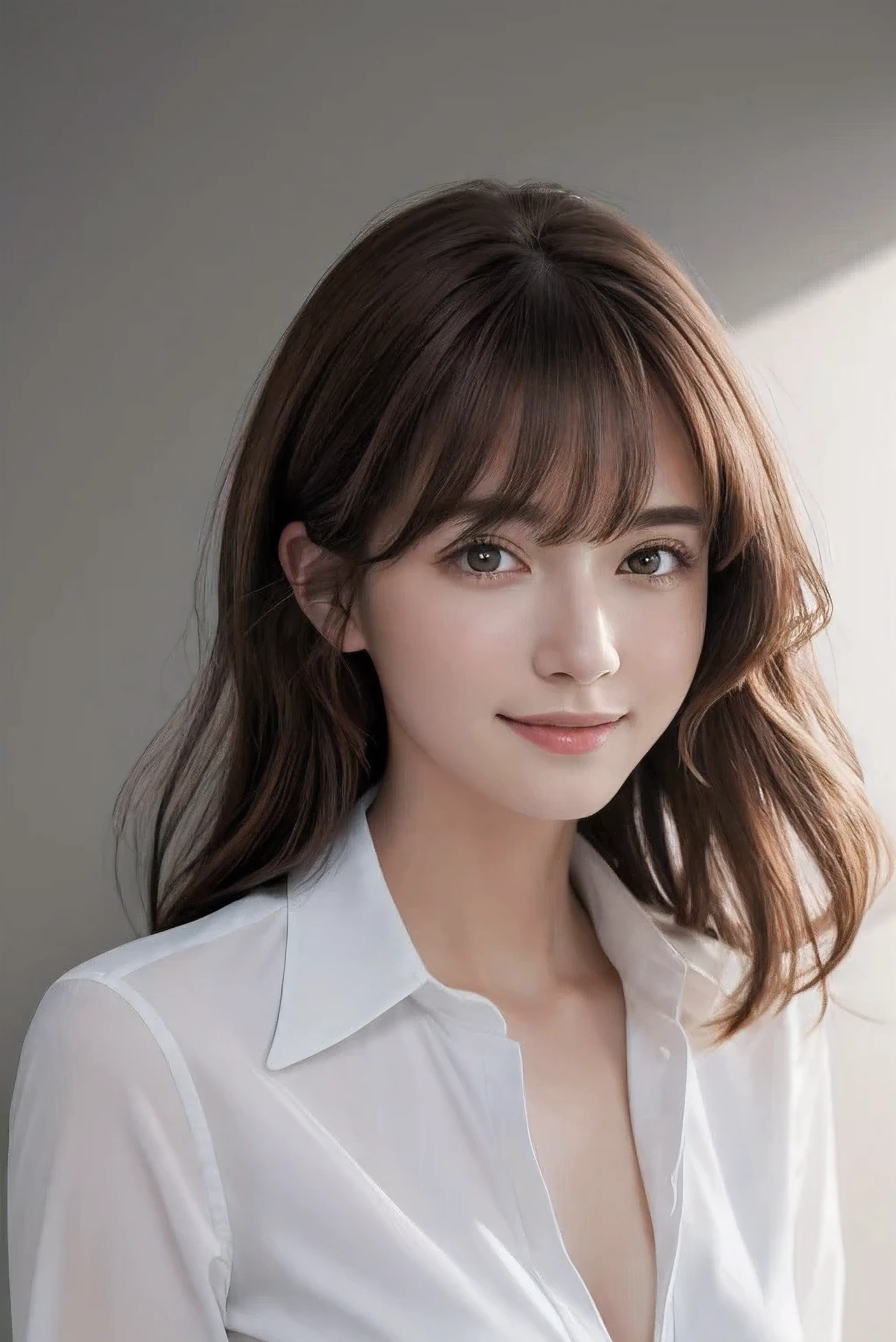 (Highest quality,8K quality,masterpiece:1.3),(Ultra-high resolution,Realistic:1.4,Live Shooting),(Very detailed,Caustics),(Ultra-Realistic Capture,Beautiful and detailed skin),1,Beautiful Japanese, Medium Hair, Messy Hair, Asymmetrical bangs, Brown Hair, I'm looking at the camera with a smile on my face,Soft Light,A ray of light shining from above,Natural light,(Gray background)、Wearing a white open-collar shirt、(no underwear),