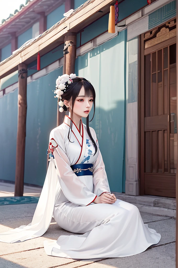 A woman in a white dress sits on the floor，White Hanfu，palace，Girl wearing Hanfu，Hanfu，Dressed in ancient Chinese costumes，Gurwitz，Ethereal Beauty，Guttweiz-style artwork，Beautiful fantasy queen，Chinese traditional clothing，China costume，Chinese traditional，Light milky white porcelain skin，Ordinary girl&#39;Bare feet and hands，Show your butt