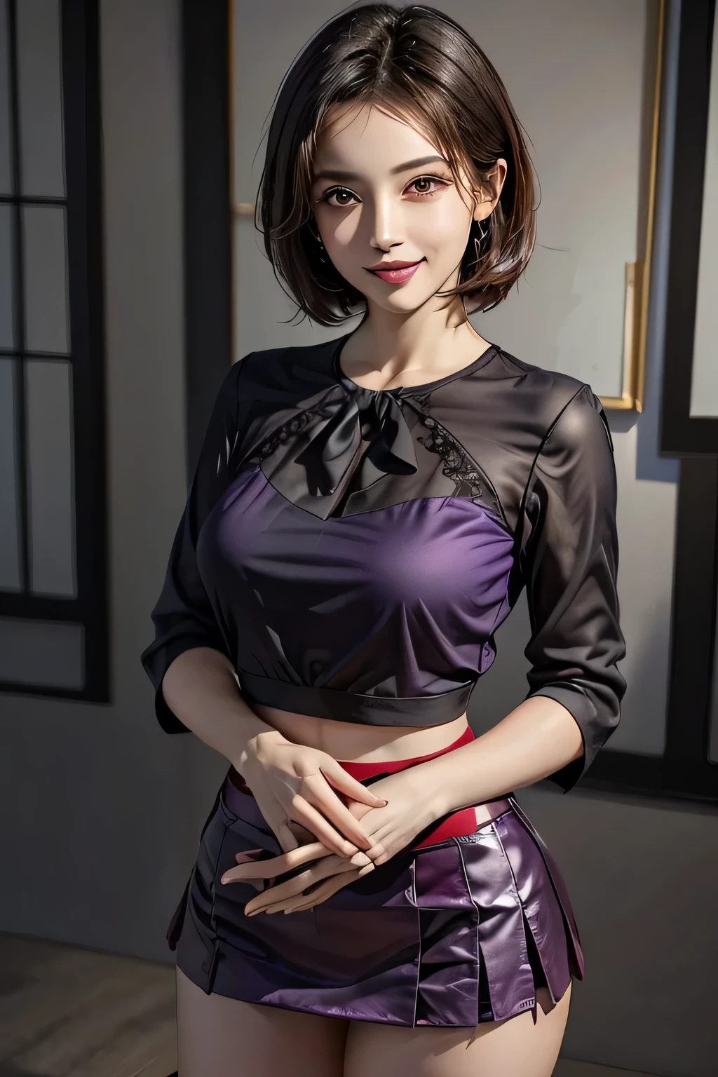 (1 The Ultimate Beautiful Mature Woman), Very detailedな顔, Beautiful brown eyes, double eyelid, Slightly thick detailed lip, Short black hair, (Light purple blouse:1.2), (Red tight mini skirt:1.4), Large Breasts, smile, Thighs, Perfect lighting, (Realistic:1.4), (Very detailed), (Highest quality), (Best Shadow), (masterpiece), Ultra-high resolution, With background: ((Ginza Art Gallery, Tokyo))