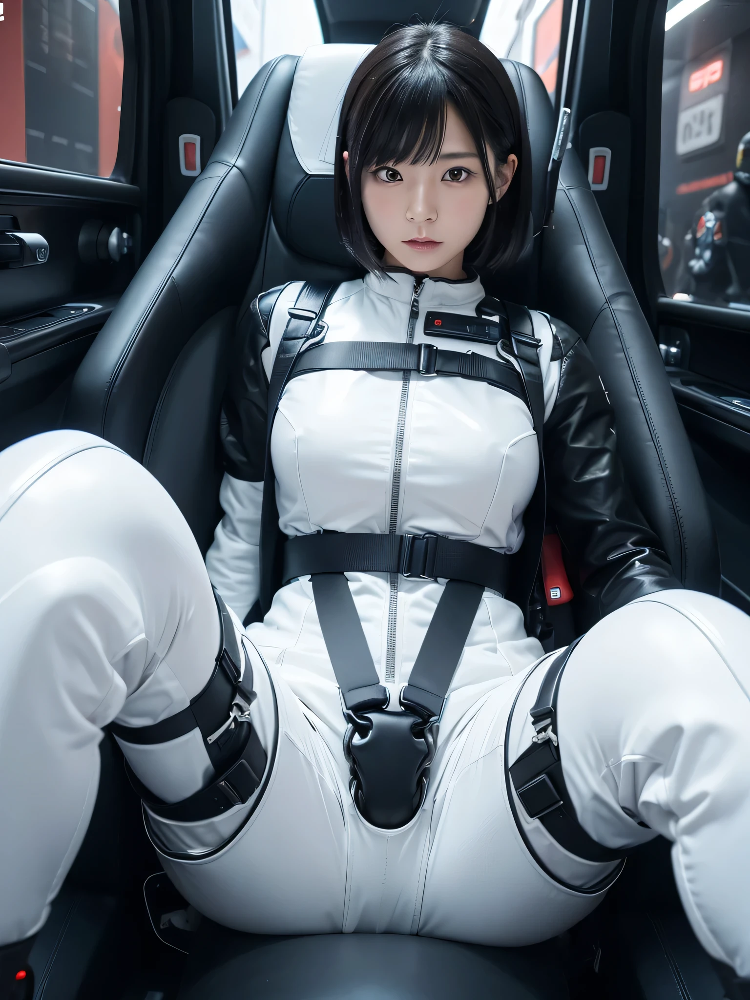 Japanese female android,Black Hair,Space capsule,The person is completely secured in the seat with the backrest reclined by a thick harness belt.,Plump,Spread your legs,Squat,Shiny white robot suit,Surrounded by switches and monitors,