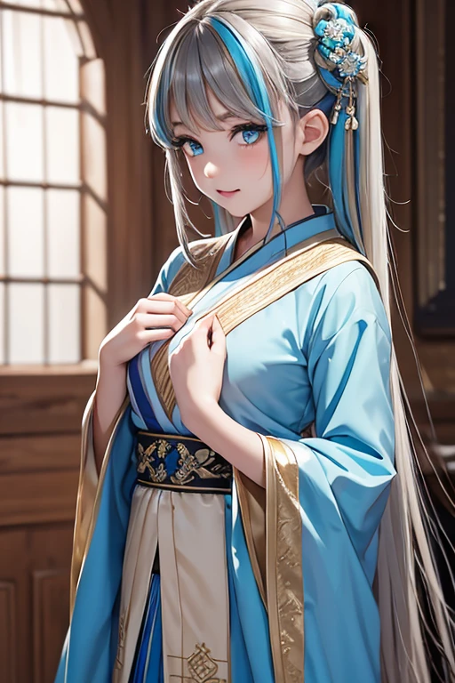 master piece,highres,4K.8k,Lifelike:1.5,Close-to-reality1.3,
Greige hair, ((highlights hair, Blue streaked hair:1.0)),topknot,
turquoise blue eyes,	
glamorous,
eighteen years old,
BREAK,
palace,
traditional tai costume, Dressed in traditional costume,  Blue tunic and robe, wearing real clothes, Traditional Costume, design made with love, 