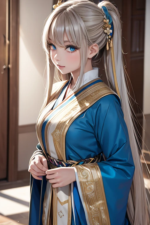 master piece,highres,4K.8k,Lifelike:1.5,Close-to-reality1.3,
Greige hair, ((highlights hair, Blue streaked hair:1.0)),topknot,
turquoise blue eyes,	
glamorous,
eighteen years old,
BREAK,
palace,
traditional tai costume, Dressed in traditional costume,  Blue tunic and robe, wearing real clothes, Traditional Costume, design made with love, 